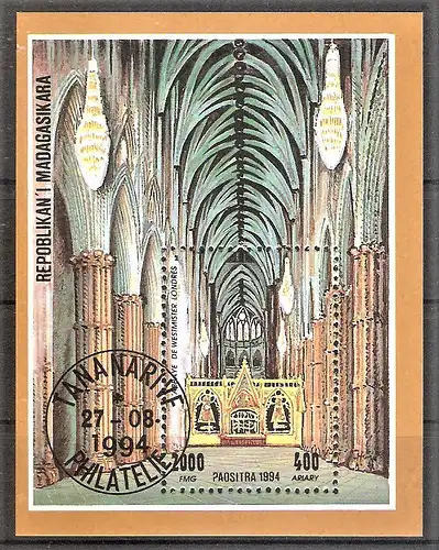 Briefmarke Madagaskar Block 259 o (Mi.Nr. 1695) Kathedralen 1994 / Westminster Abbey in London