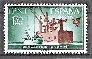 Briefmarke Ifni Mi.Nr. 258 ** Inbetriebnahme des neuen Hafens von Sidi Ifni 1967 / Schiff vor Verlade-Anlage