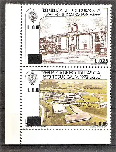 Briefmarke Honduras Mi.Nr. 1024 - 1025 ** Zusammendruck - Freimarken mit neuen Wertaufdruck 1986