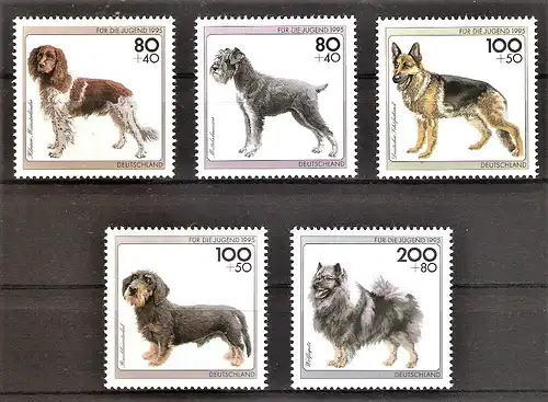 Briefmarke BRD Mi.Nr. 1797-1801 ** Münsterländer, Mittelschnauzer, Deutscher Schäferhund, Rauhhaardackel, Wolfsspitz / Kompletter Satz !