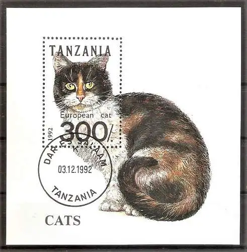Briefmarke Tanzania Block 201 o (Mi.Nr. 1412) Katzen 1992 / Europäische Katze