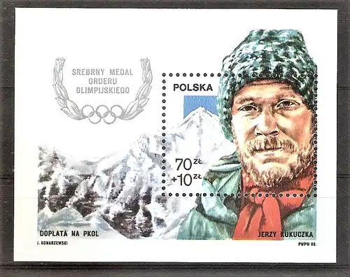 Briefmarke Polen Block 106 ** (Mi.Nr. 3155) Olympisches Silber für Jerzy Kukuczka 1988
