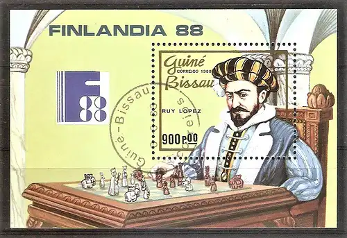 Briefmarke Guinea-Bissau Block 274 o (Mi.Nr. 981) Schachspieler 1988 / Ruy Lopez