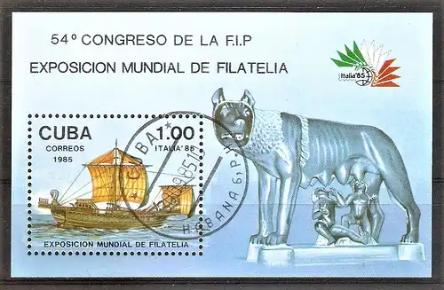 Briefmarke Cuba Block 91 o (Mi.Nr. 2963) Briefmarkenausstellung ITALIA ’85 / Römisches Schiff