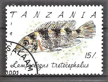 Briefmarke Tanzania Mi.Nr. 1041 o Fische 1991 / Fünfstreifen-Tanganjikabuntbarsch (Lamprologus tretocephalus)