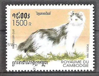 Briefmarke Kambodscha Mi.Nr. 1842 o Katzenrassen 1998 / American Curl Katze