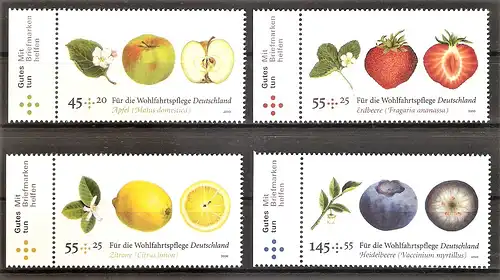 Briefmarke BRD Mi.Nr. 2769-2972 ** Wohlfahrt 2010 / Obst: Apfel, Erdbeere, Zitrone, Heidelbeere / Kompletter Satz !