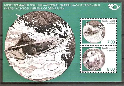 Briefmarke Grönland Block 40 ** (Mi.Nr. 509-510) Nordische Mythen 2008 / Die Klippen & Bär des Sees