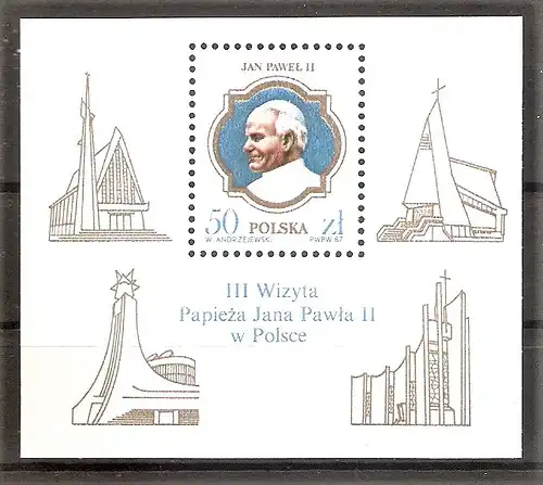 Briefmarke Polen Block 103 ** (Mi.Nr. 3101) 3. Besuch von Papst Johannes Paul II. in Polen 1987