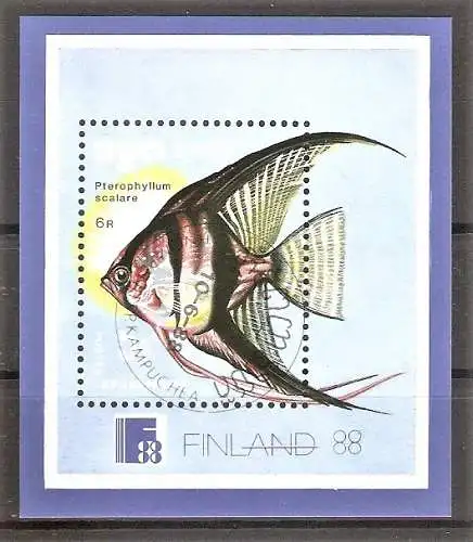 Briefmarke Kambodscha Block 161 o (Mi.Nr. 961) Internationale Briefmarkenausstellung FINLANDIA ’88, Helsinki 1988 / Zierfische - Segelflosser / Skalar (Pterophyllum scalare)