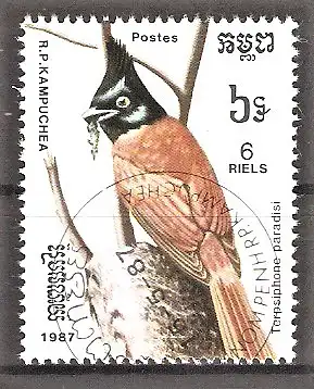 Briefmarke Kambodscha Mi.Nr. 874 o Vögel 1987 / Indienparadiesschnäpper