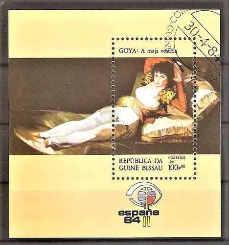 Briefmarke Guinea-Bissau BLOCK 259 o (Mi.Nr. 764) Internationale Briefmarkenausstellung ESPANA ’84 Madrid / "Die bekleidete Maja"