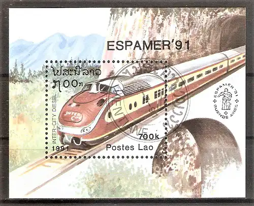 Briefmarke Laos Block 139 o (Mi.Nr. 1275) Briefmarkenausstellung ESPAMER ’91 Buenos Aires/ Lokomotiven - Intercity Diesel