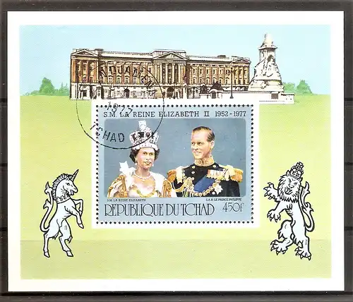 Briefmarke Tschad Block 69 o (Mi.Nr. 783) 25 Jahre Regentschaft von Königin Elisabeth II 1977 / Elizabeth II. & Prinz Philipp