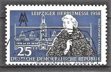 Briefmarke DDR Mi.Nr. 650 o Leipziger Herbstmesse 1958 / Frau in Karakul-Pelzmantel, Altes Rathaus Leipzig