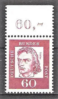 Briefmarke BRD Mi.Nr. 357 y ** Bogenmarke / Oberrand - 60 Pf. Bedeutende Deutsche 1961 - Friedrich von Schiller / Dichter