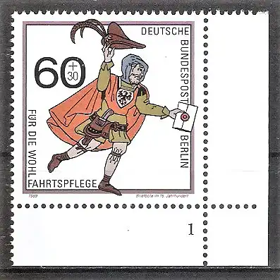 Briefmarke Berlin Mi.Nr. 852 ** Formnummer 1 / Bogenecke unten rechts - Postbeförderung 1989 / Briefbote