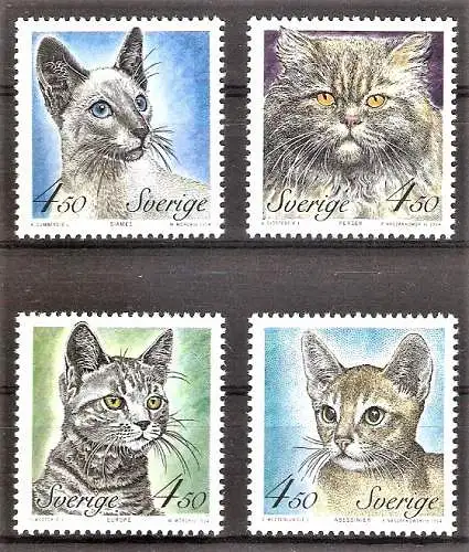 Briefmarke Schweden Mi.Nr. 1813-1816 ** Katzen 1994 / Siamkatze, Perserkatze, Europäische Kurzhaarkatze, Abessinische Katze / Kompletter Satz !