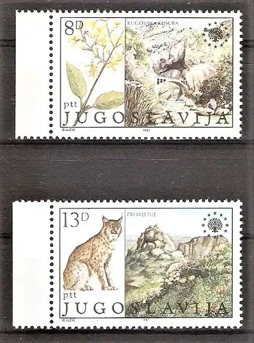Briefmarke Jugoslawien Mi.Nr. 1908-1909 ** Europäischer Naturschutz 1981 / Forsythie & Luchs / Kompletter Satz !