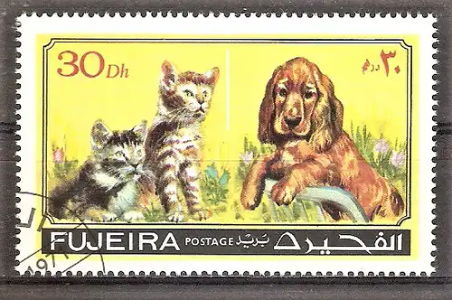 Briefmarke Fujeira Mi.Nr. 800 o Katzen und Hund