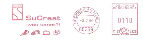 Freistempel C39 432G Hochheim am Main - SuCrest - was sonst?! (Abb. Eiswaffel, Tortenstück, Tortenhaube, Brezel) (#2584)