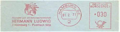 Freistempel Hamburg - HERMANN LUDWIG - Allgemeine Land- und Seetransportgesellschaft (Abb. Weltkugel & HL-Flagge) (#2755)