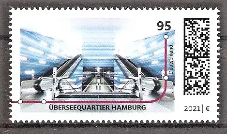 Briefmarke BRD Mi.Nr. 3593 ** U-Bahn-Stationen 2021 / U-Bahn-Haltestelle Überseequartier Hamburg