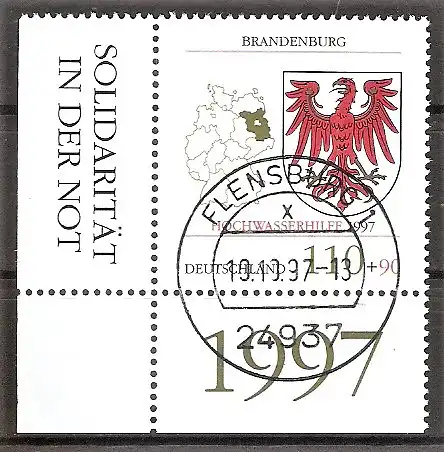 Briefmarke BRD Mi.Nr. 1941 o BOGENECKE u.l. / VOLLSTEMPEL FLENSBURG / Hochwasserhilfe Brandenburg 1997