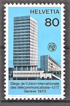 Briefmarke Schweiz Ausgabe für Internationale Organisationen UIT Mi.Nr. 10 ** UIT-Gebäude Genf 1973