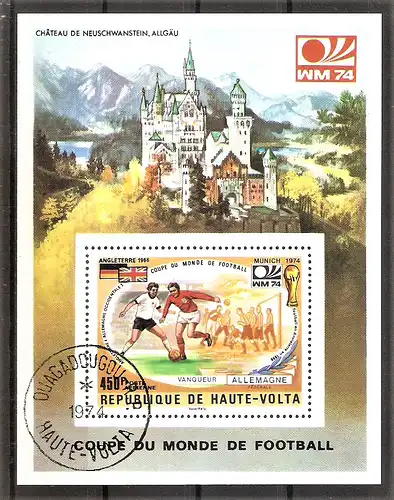 Briefmarke Obervolta Block 27 o (Mi.Nr. 530) Deutschland Fußballweltmeister 1974 / Endspielteilnehmer (England - Deutschland, 1966)