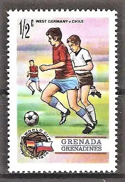 Briefmarke Grenada/Grenadinen Mi.Nr. 17 ** Fussball-Weltmeisterschaft in Deutschland 1974 / Spielszene BRD – Chile