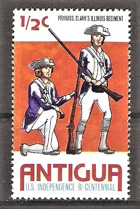 Briefmarke Antigua Mi.Nr. 417 ** 200 Jahre Unabhängigkeit der USA 1976 / Soldaten des Clark-Illinois-Regiments