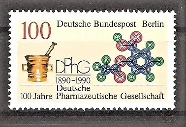 Briefmarke Berlin Mi.Nr. 875 ** Deutsche Pharmazeutische Gesellschaft 1990 / Mörser, Formel-Computerbild (Aspirin), DPhG-Emblem