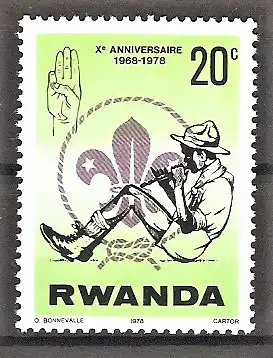 Briefmarke Ruanda Mi.Nr. 914 ** 10 Jahre Pfadfinderbewegung in Ruanda 1978 / Pfadfinderemblem & Flötenspieler
