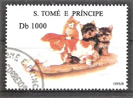 Briefmarke Sao Tome & Principe Mi.Nr. 1583 o Hunde und Katzen 1995 / Terrier und Katzen