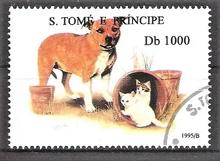 Briefmarke Sao Tome & Principe Mi.Nr. 1581 o Hunde und Katzen 1995 / Bulldog und Katzen