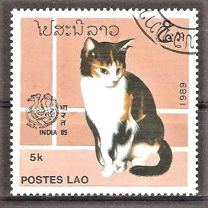 Briefmarke Laos Mi.Nr. 1124 o Internationale Briefmarkenausstellung INDIA ’89 / Katze