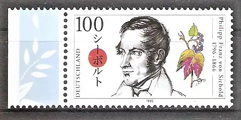 Briefmarke BRD Mi.Nr. 1842 ** Seitenrand links - Philipp Franz von Siebold 1996 / Japanforscher, wilder Wein