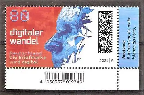 Briefmarke BRD Mi.Nr. 3590 ** Bogenecke u.r. - Digitaler Wandel 2021 / Computergraphik eines menschlichen Gesichtes