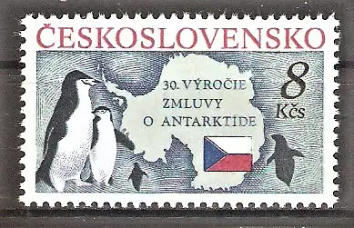 Briefmarke Tschechoslowakei Mi.Nr. 3086 ** 30 Jahre Antarktisvertrag 1991 / Kehlstreifpinguine (Pygoscelis antarctica)