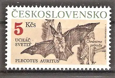 Briefmarke Tschechoslowakei Mi.Nr. 3066 ** Fledermaus - Braunes Langohr (Plecotus auritus)