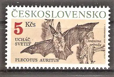 Briefmarke Tschechoslowakei Mi.Nr. 3066 ** Naturschutz 1990 / Säugetiere / Fledermaus - Braunes Langohr (Plecotus auritus)