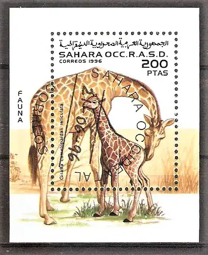 Briefmarke Sahara OCC Block 1996 / Netzgiraffe mit Jungtier (Giraffa camelopardalis reticulata)