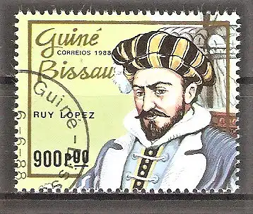 Briefmarke Guinea-Bissau Mi.Nr. 981 o Schachspieler 1988 / Ruy López de Segura