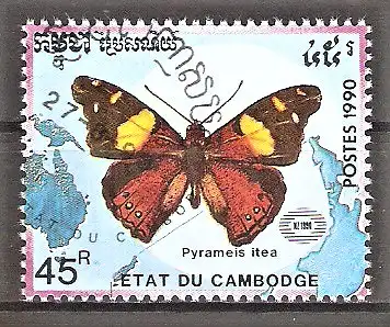 Briefmarke Kambodscha Mi.Nr. 1149 o Schmetterlinge 1990 /  Pyrameis itea