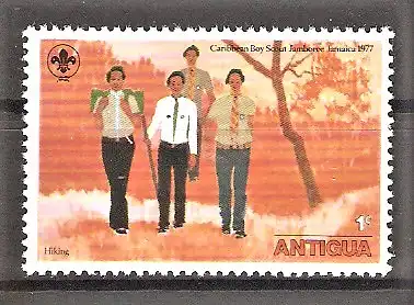 Briefmarke Antigua Mi.Nr. 460 ** Karibisches Pfadfindertreffen Jamaica 1977 / Pfadfinder beim Wandern