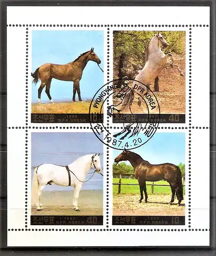 Briefmarke Korea-Nord Mi.Nr. 2837-2840 o Viererblock ! Pferde 1987 / Kompletter Satz !