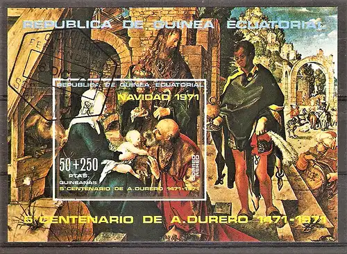 Briefmarke Äquatorial-Guinea Mi.Nr. A44 o / Block 6 o Weihnachten 1971 / Madonnengemälde - Gemälde von Dürer