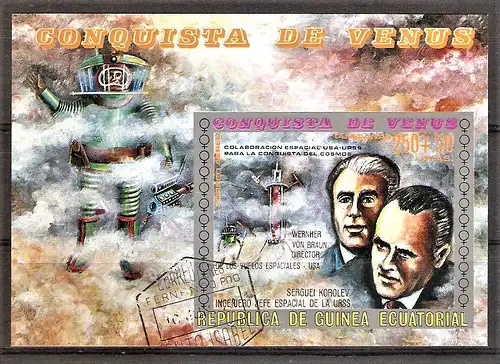 Briefmarke Äquatorial-Guinea Mi.Nr. A224 o / Block 58 o Erforschung der Venus 1973 - Wernher von Braun & Sergej Korolev