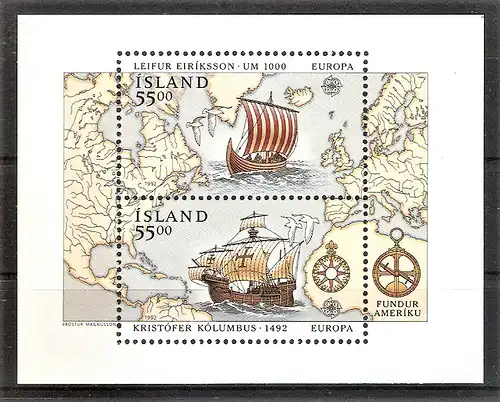 Briefmarke Island BLOCK 13 ** (Mi.Nr. 764-765) 500. Jahrestag der Entdeckung von Amerika / Europa CEPT 1992